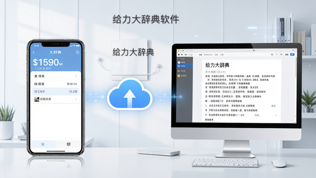 展示给力大辞典软件在手机和电脑上同步使用的场景,左侧是手机屏幕显示查询界面,右侧是电脑显示器显示词条详情,中间用云同步的图标连接,背景干净,商务科技风格,画质清晰。