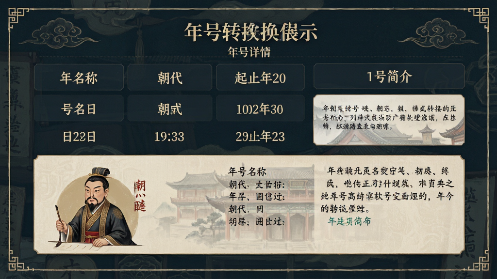 年号转换软件年号详情页展示,包含年号名称、朝代、起止年份和简介文字,排版美观,图文并茂,画质高清,风格典雅