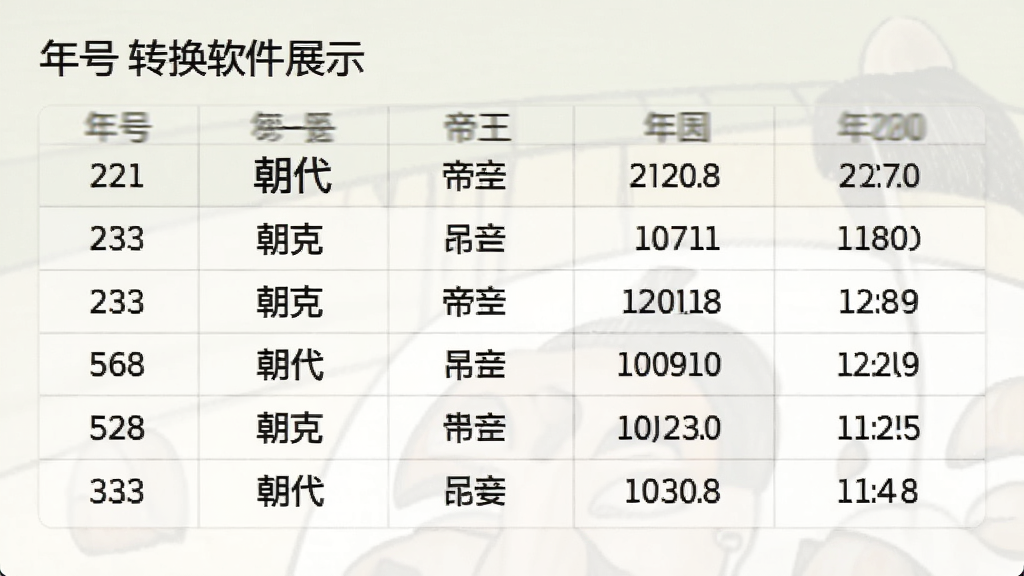 年号转换软件展示历代年号列表截图,表格形式清晰展示年号、朝代、帝王、年份信息,界面干净整洁,字体清晰,背景柔和,画质高清