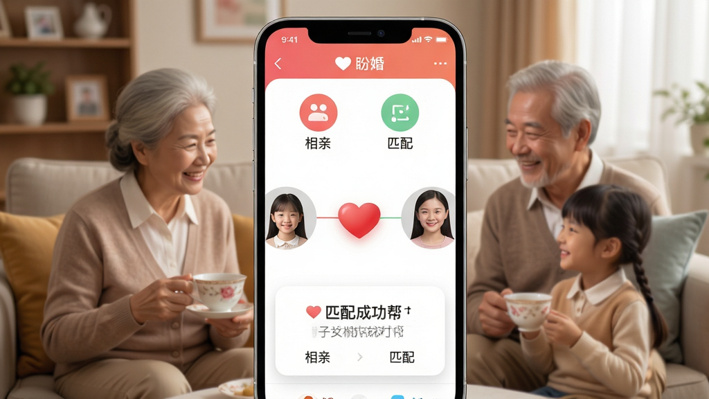 ���壺�λ鸸ĸ����Ů�����Ҷ���ƽ̨��Ӧ�ý��棬�ֻ���Ļչʾ��ĸ����Ůͷ�����ߣ�����һ�ź�������˫�������֣��ֻ�λ�ڻ������ģ�����Ϊ��ܰ��ͥ��������ĸ����Ů΢Ц�������Ű棺����������ͼ��Բ�����ֱ�ǩ���λ顱�����ס���ƥ�䡱��Ŀ�������ůдʵ��ɫ����ͣ�ͻ��������������⡣ϸ�ڣ���Ļ����ʾƥ��ɹ�����ʾ��������ĸ�������Ų豭��������Ǣ�����ʣ����壬�ɾ����޶���Ԫ��