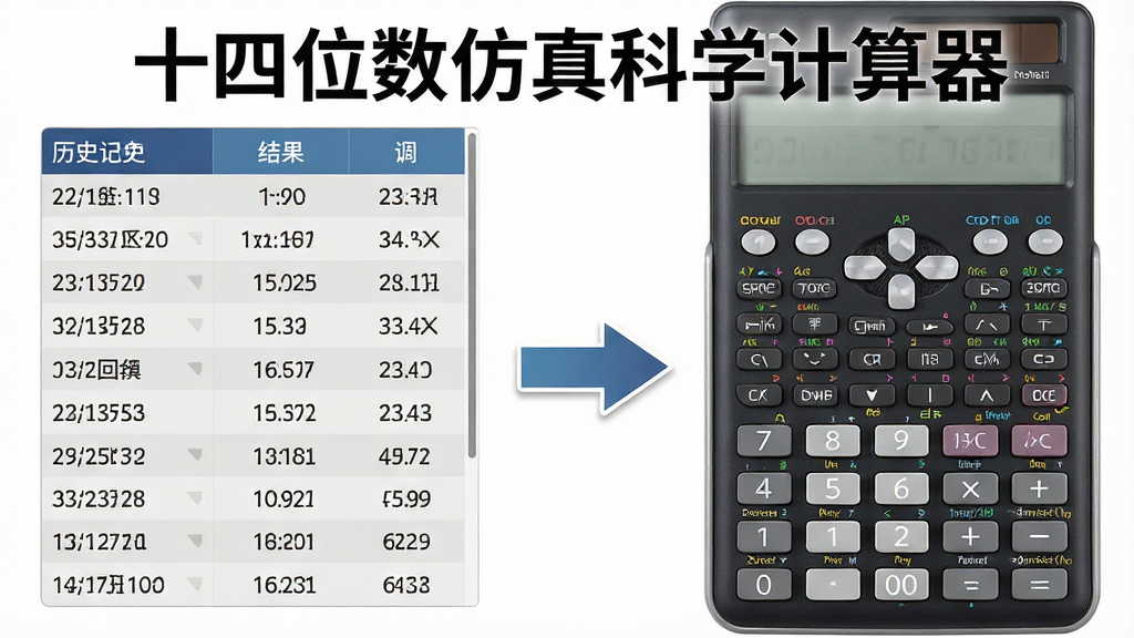 一张十四位数仿真科学计算器的功能展示图,画面左侧为计算历史记录列表,右侧为计算器主界面,两者之间有箭头连接,表示结果可一键回调,整体风格专业简洁,界面色彩搭配和谐,图片上带有“十四位数仿真科学计算器”的文字标识,画质干净,无多余元素