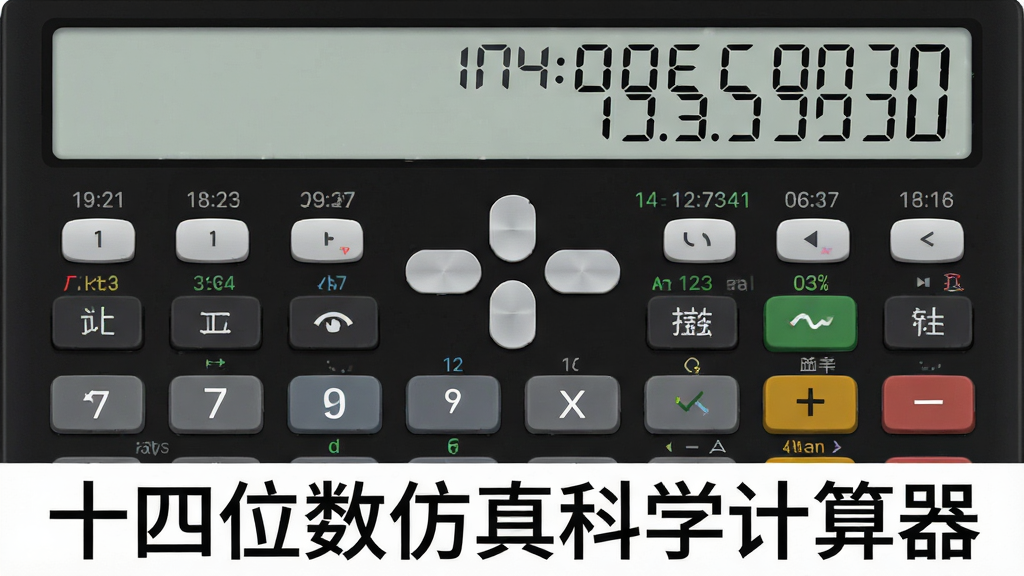 一张十四位数仿真科学计算器的软件主界面截图,界面风格简约现代,深色背景,彩色功能按键清晰可见,屏幕区域显示着精确到十四位小数的计算结果,整体布局仿真实体科学计算器,按键排列整齐,画质干净,无多余元素,突出软件高精度计算的核心功能,图片下方标注“十四位数仿真科学计算器”字样