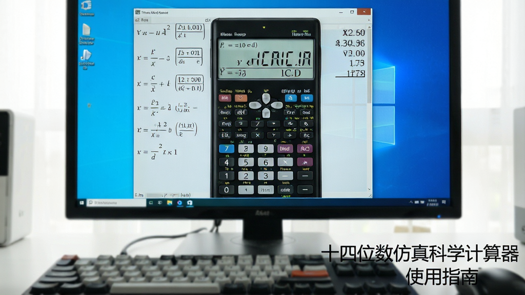 一张展示十四位数仿真科学计算器在电脑桌面运行的实拍图,屏幕中显示着复杂的数学公式和计算结果,键盘在画面下方虚化,整体环境明亮整洁,突出软件在Windows系统上的流畅运行状态,图片右下角有“十四位数仿真科学计算器 使用指南”字样,画质干净,无多余元素