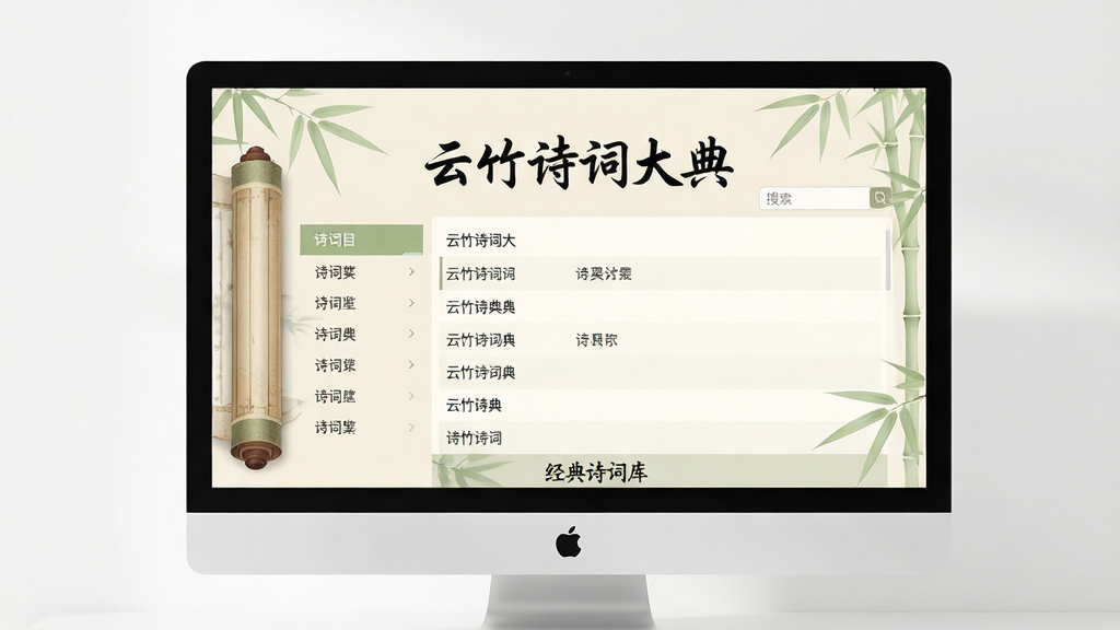���壺����ʫ�ʴ�����������棬չʾ�ڵ�����Ļ�ϣ���Ļ����ʾ�ŷ��������ҶԪ�أ����������г�ʫ���б��������򡣲��֣����й�ͼ����Ļռ���Ӿ����ģ���Χ���׸ɾ����Ű棺�����������������Ϊʫ�ʷ���Ŀ¼���Ҳ�Ϊ����չʾ������񣺹ŷ����ִ�UI��ϣ������װ׵�ɫ�����Ե���ɫ��Ҷ��׺��ϸ�ڣ���Ļ����ʾ������ʫ�ʴ�䡱���⣬����Ϊ�鷨�壬�ײ��С�����ʫ�ʿ⡱���������ʣ�������Ⱦ����Ӱ��ͣ��ɾ��޶���Ԫ�ء�
