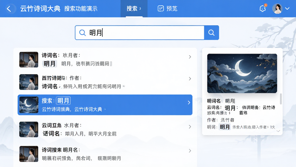 ���壺����ʫ�ʴ�������������ʾ���棬�����������롰���¡����·�չʾ����������������֣���������У�����б��������룬ÿ���������ʫ���������ߺ��׾䡣�Ű棺�����ķ������֣����Ϊ��������б����Ҳ�ΪԤ����塣��񣺼����ִ�UI��������ɫ��ͻ�����ܸС�ϸ�ڣ��������зŴ�ͼ�꣬���������ʾ�ؼ��ʡ����¡������ʣ��߷ֱ��ʣ�����ɾ����޶���Ԫ�ء�