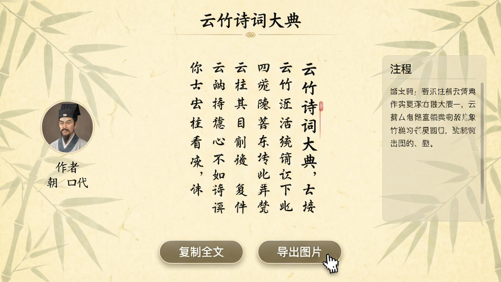 ���壺����ʫ�ʴ����Ķ����棬չʾһ�׹�ʫȫ�ģ��·��С�����ȫ�ġ���������ͼƬ����ť�����֣�ʫ�ʾ����Ű棬�����ʾ����ͷ��ͳ������Ҳ�Ϊע�������Ű棺�����������о����ʣ�����Ϊ����ɫ�¹�ֽЧ������񣺹ŷ��Ű棬�������ţ���ѡ����������Ҷˮӡ��ϸ�ڣ���ťΪԲ�Ǿ��Σ������ͣ�и���Ч�������ʣ�ϸ���������ɾ��޶���Ԫ�ء�