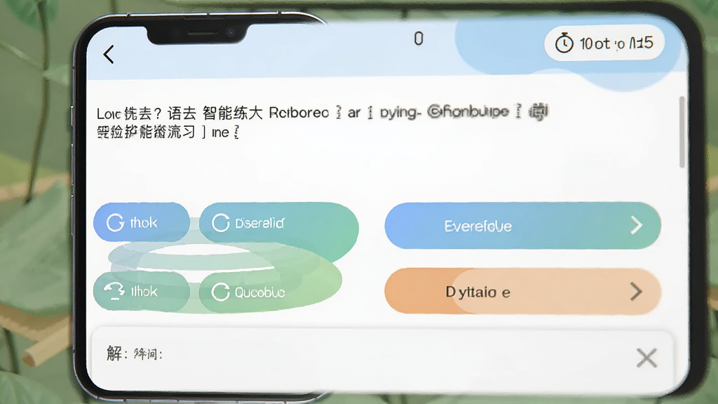 英语语法大全智能练习界面预览图,手机屏幕展示练习题页面,上方是题目文本,下方是四个选项按钮,底部有解析区域,右上角有答题计时器,界面配色清爽,按钮圆润,画质干净,无多余元素