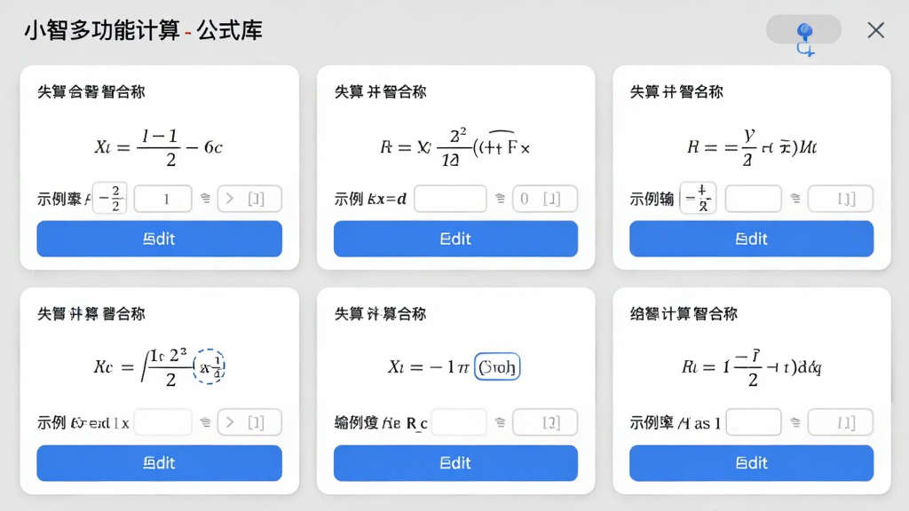 小智多功能计算器公式库界面,展示多个常用公式卡片,每个卡片包含公式名称、公式图形和示例输入输出,用户可点击编辑,界面采用卡片式布局,浅灰背景,蓝色按钮,风格简洁,画质高清,无多余元素