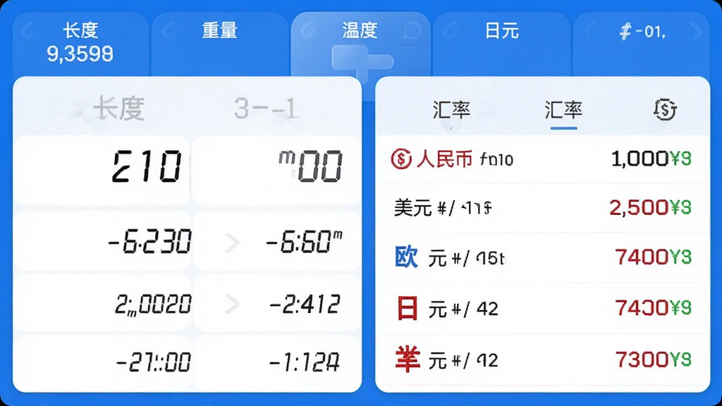 小智多功能计算器单位换算界面,显示长度、重量、温度等多个换算选项卡,当前选中“汇率”模块,展示人民币对美元、欧元、日元等货币的实时汇率列表,界面采用蓝色调,数字清晰,风格现代,画质干净