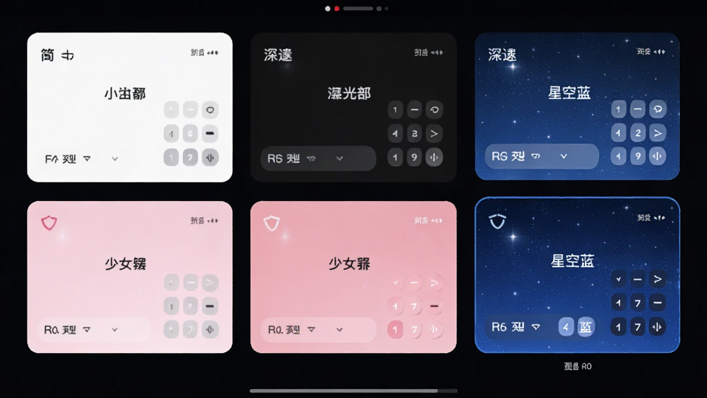 小智多功能计算器主题切换界面,展示多种颜色主题卡片,如极简白、深邃黑、星空蓝、少女粉,当前选中“星空蓝”预览效果,界面色彩丰富,布局整齐,风格时尚,画质高清,无多余元素