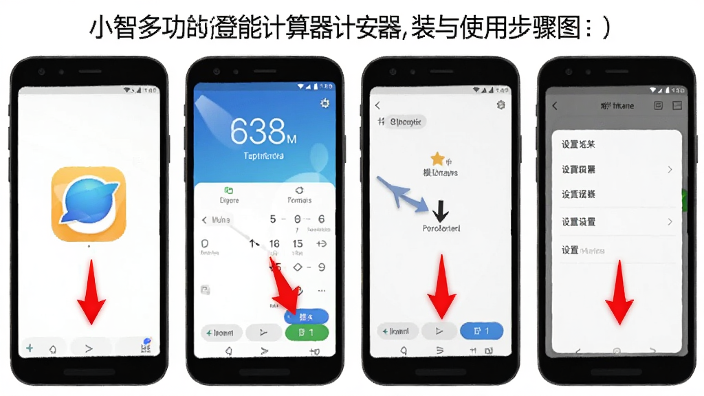 小智多功能计算器安装与使用教程步骤图,展示手机屏幕上的应用图标、打开后的主界面、模式切换动画,以及设置菜单,用红色箭头标注关键按钮,风格简洁,画质清晰