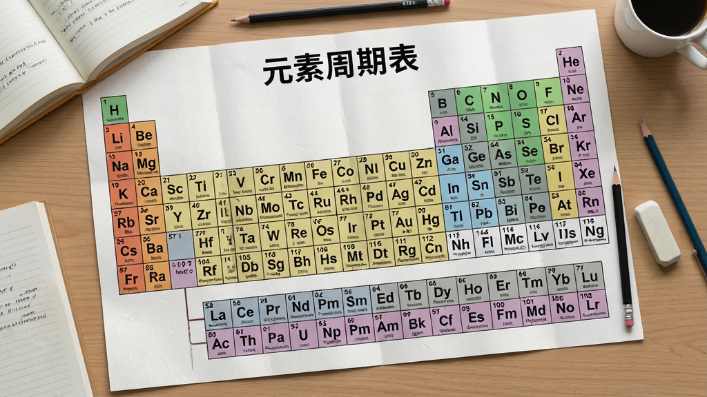 主体:一张打印出来的元素周期表海报,平铺在桌面上,纸张上清晰显示“元素周期表”标题及118个元素方格,旁边放有铅笔和橡皮。布局:俯拍视角,海报占画面主体,周围有学习文具。风格:写实摄影风,光线柔和,色彩自然。细节:纸张纹理可见,元素文字清晰,无多余杂物。画质:高清晰度,适合打印效果展示。