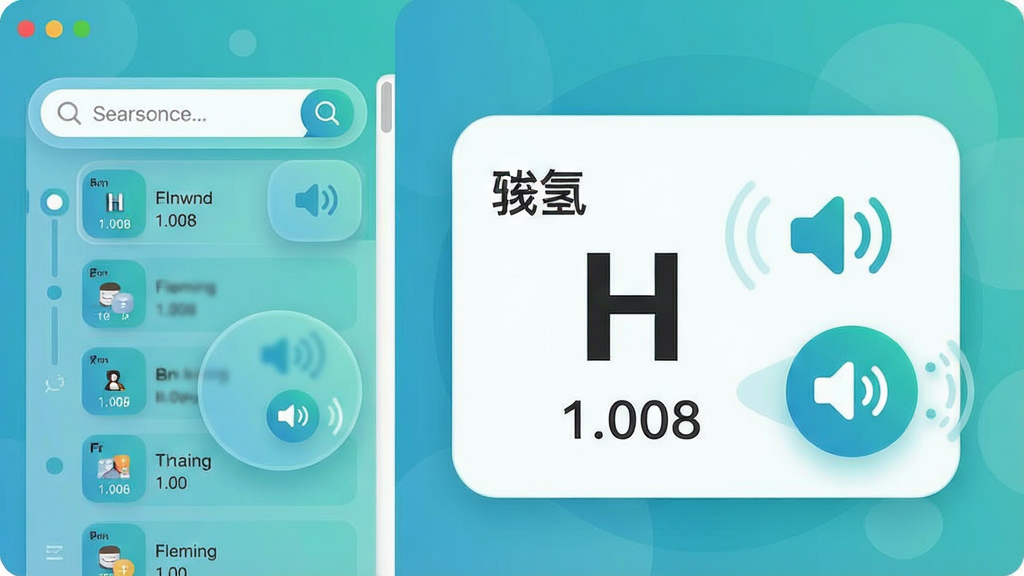 主体:一张元素周期表软件的功能演示图,左侧为元素列表,右侧为放大的元素详情卡片,卡片上显示“氢 H 1.008”等文字,并配有音量图标和朗读动画效果。布局:左右分栏式,左侧可滚动列表,右侧为详情面板。风格:清新简约,蓝绿色调,图标圆润。细节:搜索框高亮,语音按钮突出,界面干净无多余元素。画质:高清,适合功能展示。
