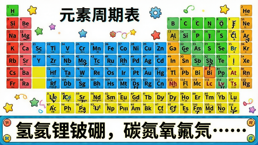 主体:一张元素周期表软件的分区展示截图,用红、蓝、绿、黄四种颜色分别标注s区、p区、d区、f区,右侧配有顺口溜文本“氢氦锂铍硼,碳氮氧氟氖……”的滚动字幕。布局:上下结构,上方为周期表,下方为口诀滚动条。风格:活泼明快,色彩鲜艳,卡通元素点缀。细节:分区色块清晰,口诀文字醒目,干净无多余元素。画质:高清,适合教育场景。