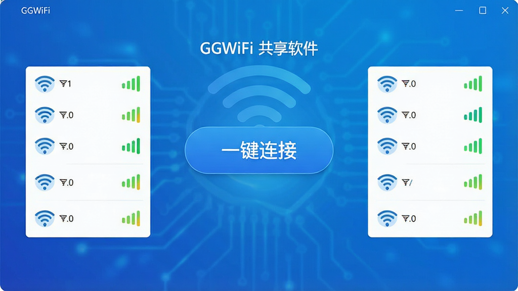 一张展示GGWiFi共享软件主界面的高清截图,界面简洁明亮,中央显示“一键连接”大按钮,周围环绕WiFi信号列表和信号强度图标,背景为现代科技感渐变蓝色,整体布局清晰,画质干净,无多余元素