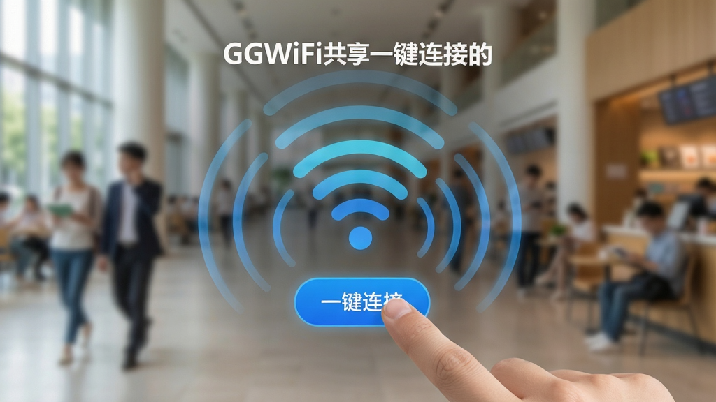 展示GGWiFi共享一键连接功能的操作界面,手指点击“一键连接”按钮,WiFi信号波纹扩散,背景为模糊的公共场景,画面明亮清晰,突出便捷连接体验,画质干净,无多余元素