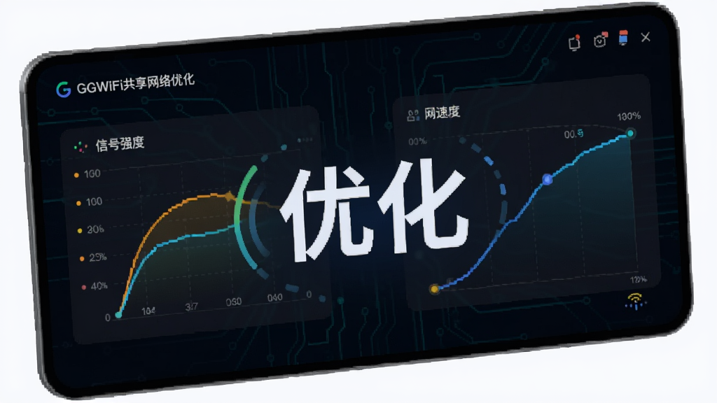 展示GGWiFi共享网络优化功能的界面,图表显示信号强度与网速曲线,背景为深色科技感线条,突出“优化”二字,画质细腻,无多余元素