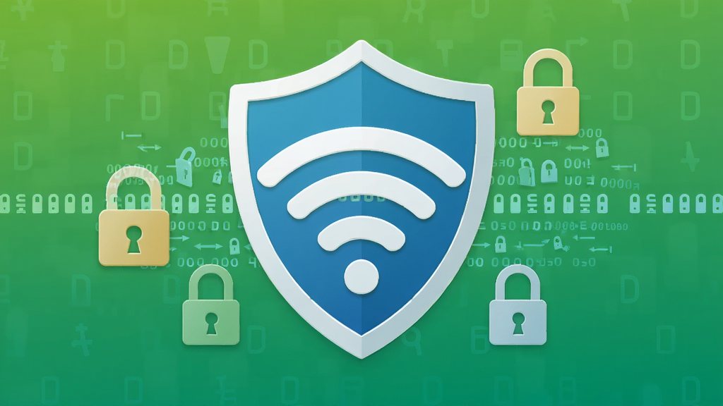 一个盾牌图标覆盖在WiFi信号之上,周围有锁形和加密线条,背景为渐变绿色,象征安全可靠,画质干净,无多余元素