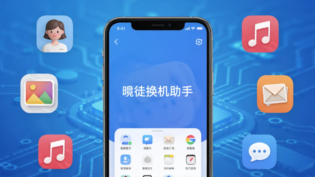 画面中央是一部智能手机,屏幕显示“徙换机助手”主界面,周围环绕着联系人、照片、音乐、应用等图标,背景为渐变蓝色科技感光效,布局简洁,风格现代,细节清晰,画质干净,无多余元素