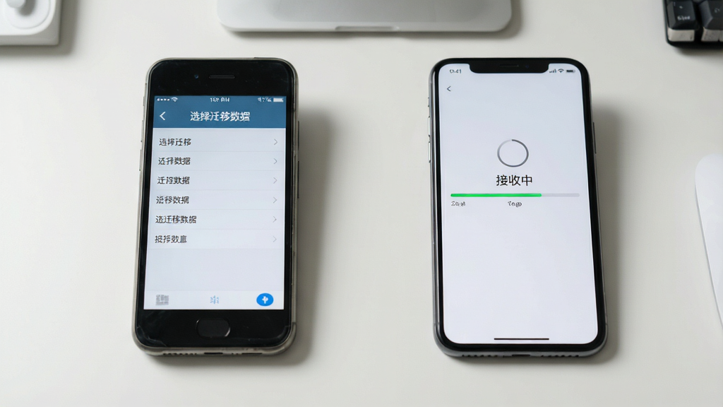 两部手机并排摆放,左侧旧手机界面显示“选择迁移数据”列表,右侧新手机界面显示“接收中”进度条,背景为简洁桌面,布局对称,风格写实,细节清晰,画质干净,无多余元素