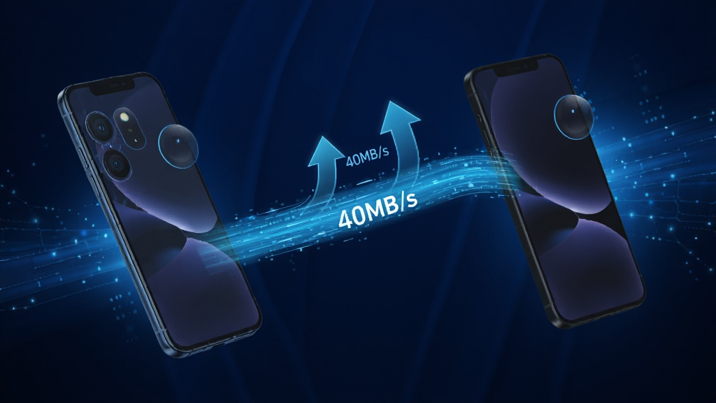 两台手机之间有一条发光的数据流线,线上有向上箭头和速度标识“40MB/s”,背景为深蓝色科技感光效,布局动感,风格抽象,细节流畅,画质干净,无多余元素