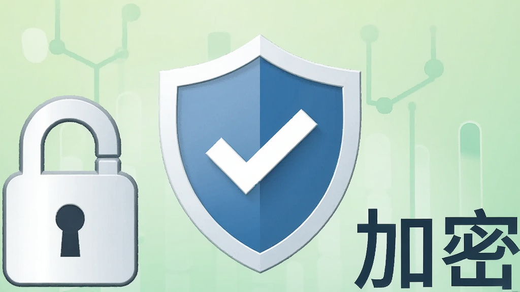 一个盾牌图标中央打勾,盾牌周围有锁和“加密”字样,背景为浅绿色渐变,布局居中,风格简约,细节清晰,画质干净,无多余元素