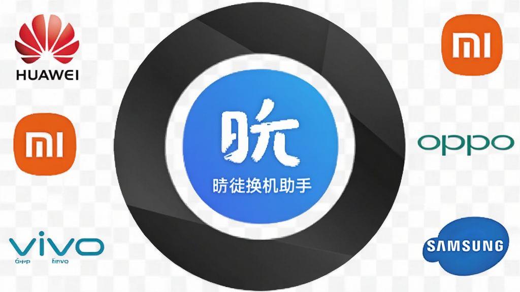 一个圆圈中心是“徙换机助手”图标,周围环绕华为、小米、OPPO、vivo、三星等品牌Logo,背景为浅灰色网格,布局均匀,风格简洁,细节精细,画质干净,无多余元素