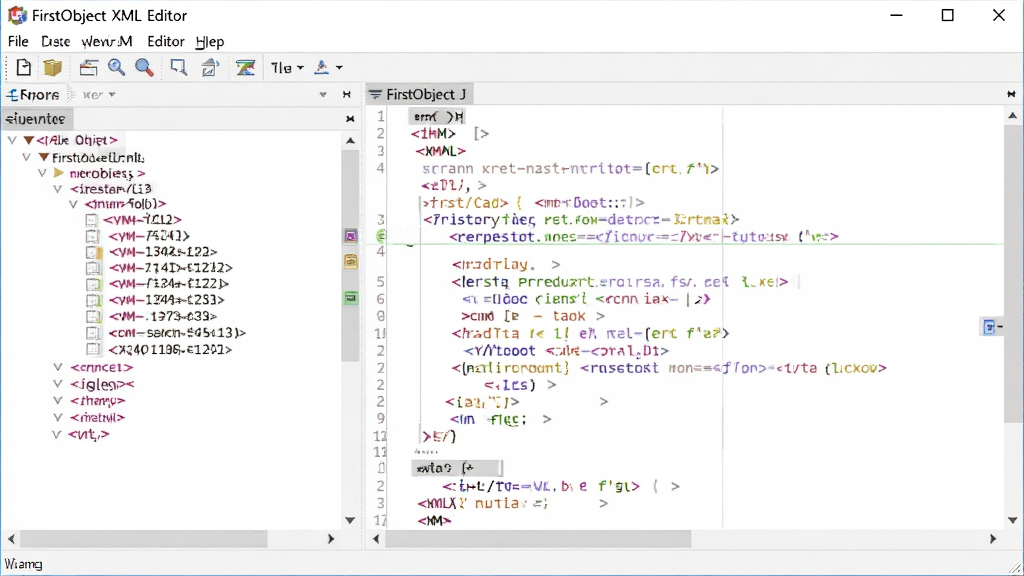 一幅展示FirstObject XML Editor主界面的高清数字插图,主体为软件窗口,左侧是XML树形结构面板,右侧为代码编辑区,带有彩色语法高亮,布局清晰,排版整洁,现代扁平化风格,细节包括菜单栏和工具栏图标,画质清晰干净,无多余元素。