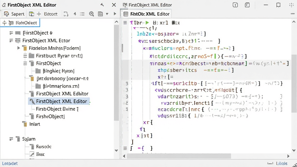 展示FirstObject XML Editor树形视图与代码视图并排的界面截图,主体为左右分栏布局,左侧树形节点清晰,右侧代码高亮显示,排版规整,风格简洁专业,细节体现节点选中状态,画质干净无多余元素。