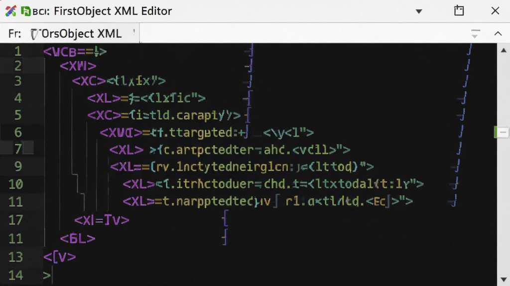 特写FirstObject XML Editor代码编辑区的画面,主体为彩色语法高亮的XML代码,布局居中,排版紧凑,风格写实,细节展示标签颜色区分和缩进对齐,画质清晰干净。