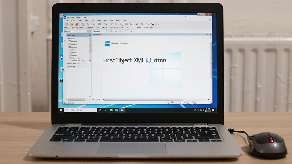一幅显示FirstObject XML Editor在Windows电脑上运行的实拍图,主体为笔记本电脑屏幕上的软件界面,布局自然,排版真实,风格写实,细节展示键盘和鼠标,画质清晰干净,无多余元素。