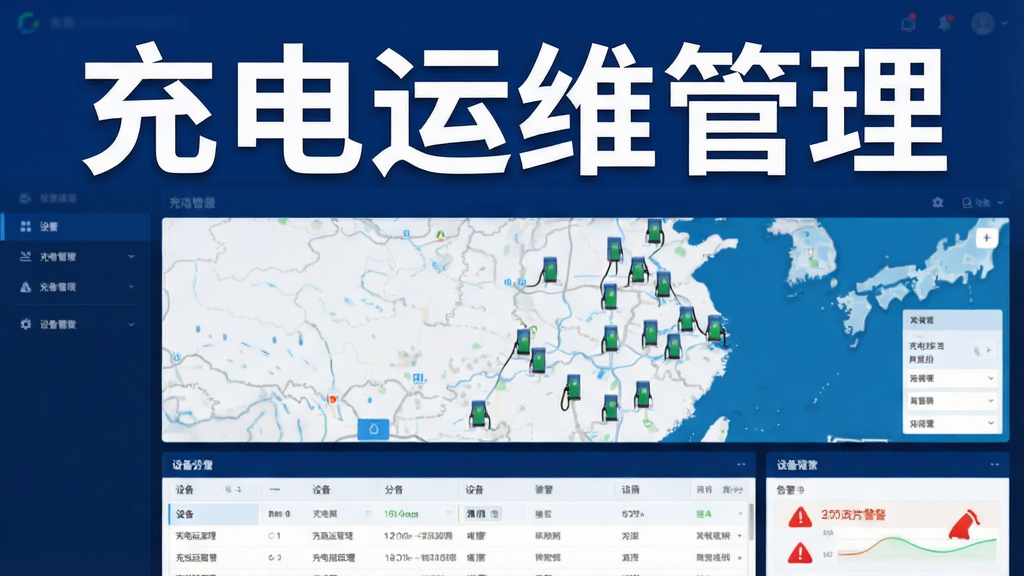 一张展示充电运维管理软件主界面的高清截图,界面以深蓝色为主色调,顶部显示“充电运维管理”白色大字,中部为充电桩分布地图,底部为设备列表和告警图标,布局简洁,信息层级分明,科技感强,画面干净,无多余元素