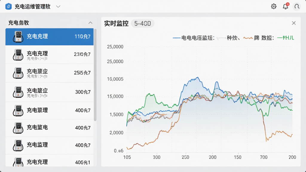 充电运维管理软件的设备实时监控界面,左侧为充电桩列表,右侧显示电压电流曲线图,图表线条清晰,数据实时刷新,背景为浅灰色,整体风格简洁专业,画质高清,干净整洁