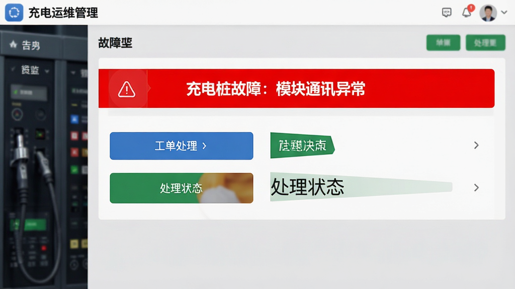 充电运维管理软件中故障告警界面,界面中央显示一条红色告警横幅,内容为“充电桩故障:模块通讯异常”,下方为工单处理按钮和处理状态标签,设计醒目,操作按钮清晰,整体界面干净,无多余元素