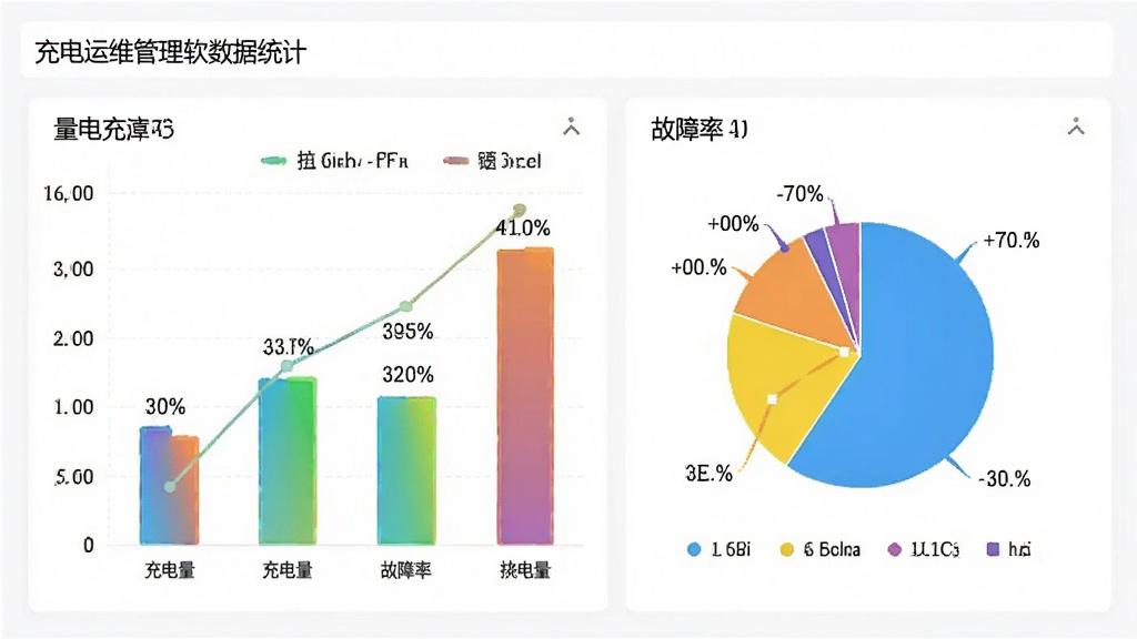 充电运维管理软件的数据统计页面,页面以柱状图和饼图展示充电量、故障率等数据,图表配色明亮,数据标签清晰,背景为白色,整体风格商务简约,画质清晰,干净无多余元素