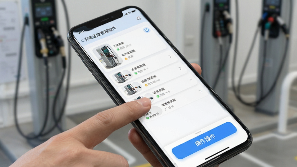 充电运维管理软件的手机操作界面,手指点击设备列表中的一台充电桩,屏幕显示设备详情和操作按钮,背景为浅色,界面流畅,画质清晰,干净无多余元素