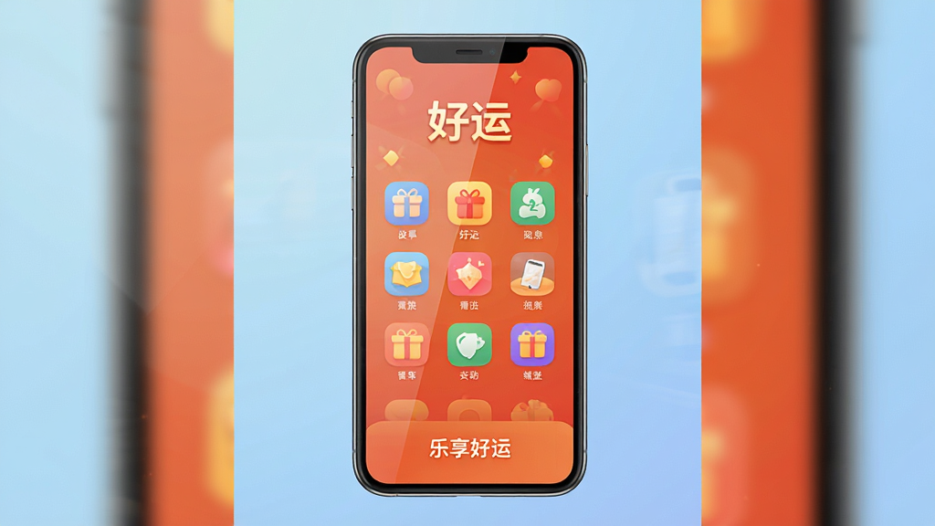 主体:一款名为“乐享好运”的智能手机应用界面,屏幕上有彩色图标和“好运”字样。布局:手机居中,界面清晰,图标排列整齐。风格:现代扁平化,色彩明亮温暖,以橙红色为主调。细节:屏幕反光自然,背景为淡雅的渐变蓝色,底部有应用名称“乐享好运”。画质:高清渲染,干净,无多余元素。