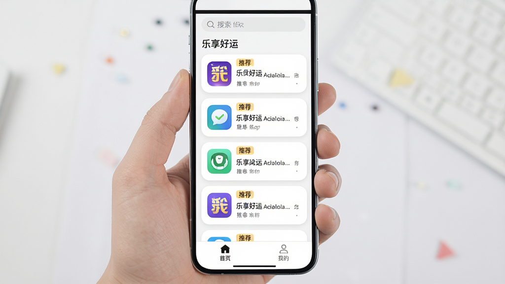 主体:手机屏幕上展示“乐享好运”的应用推荐列表,包含多个应用卡片。布局:列表纵向排列,卡片等距分布,每个卡片有应用图标和简介。风格:清新简约,白色背景,圆角卡片。细节:卡片上有“推荐”标签,屏幕上方有搜索栏,底部导航栏有“首页”和“我的”。画质:高清晰度,干净,无多余元素。