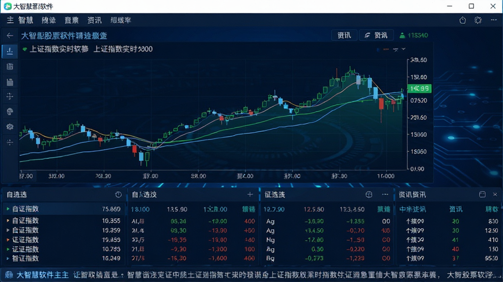 大智慧股票软件主界面展示,深蓝色科技感背景,中央显示上证指数实时走势图,下方有自选股列表与资讯滚动条,图表线条清晰流畅,界面布局简洁专业,数字与曲线细节锐利,整体风格现代大气,画质高清干净,无多余元素。