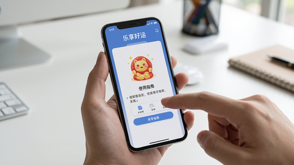 主体:一部智能手机正在运行“乐享好运”应用,屏幕显示操作指南页面。布局:手机位于画面中央,背景为简洁的办公桌。风格:写实摄影风格,光线自然。细节:屏幕上有“使用指南”字样,手指正在点击屏幕。画质:高分辨率,干净,无多余元素。