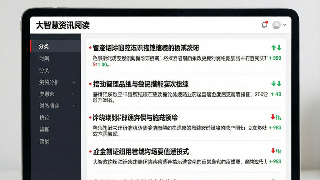 大智慧资讯阅读页面,屏幕展示多条财经新闻标题与摘要,配以红绿涨跌小图标,背景白色简洁,文字排版清晰,左侧有分类导航栏,整体风格清爽商务,细节丰富,画面干净无多余装饰。
