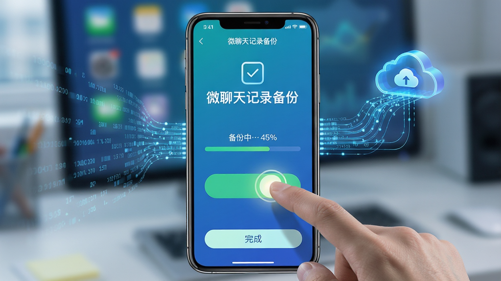 主体:手机屏幕展示“微聊天记录备份”一键备份界面,手指点击备份按钮。布局:手机居中,周围有数据流汇聚到云端图标。排版:界面显示“备份中… 45%”进度条,底部有“完成”按钮。风格:写实结合科技感,色彩明亮。细节:手机屏幕高亮显示软件名称“微聊天记录备份”,背景虚化。画质:高清,干净,无多余元素。