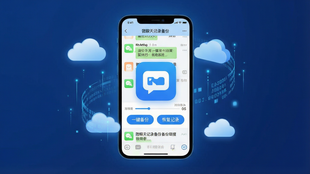 主体:微聊天记录备份软件的主界面展示,背景干净,聚焦于软件图标和备份流程。布局:居中构图,软件界面悬浮于手机屏幕中央,周围有云朵和数据流元素环绕。排版:简洁清晰,界面显示“一键备份”“恢复记录”按钮。风格:扁平化设计,蓝色科技色调,柔和光线。细节:手机屏幕上显示微信对话列表和备份进度条,界面文字“微聊天记录备份”。画质:高清,干净,无多余元素。