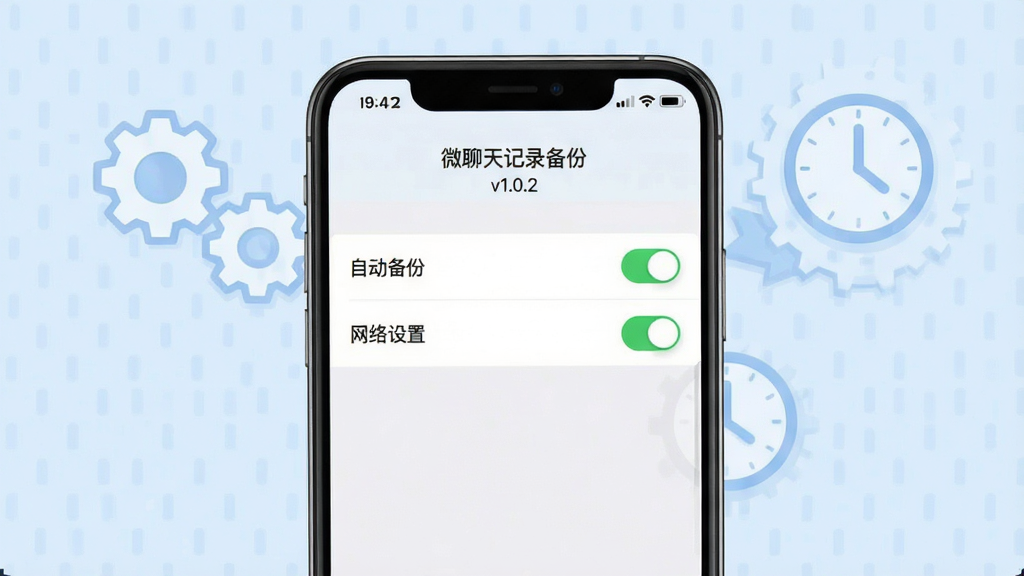 主体:手机屏幕显示“微聊天记录备份”设置界面,开启自动备份开关。布局:手机居中,背景有齿轮和时钟图标。排版:设置项清晰,开关呈绿色。风格:简约清爽,浅蓝背景。细节:屏幕顶部显示“微聊天记录备份 v1.0.2”,下方有“自动备份”“网络设置”选项。画质:高清,干净,无多余元素。