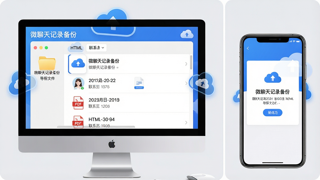 主体:电脑屏幕和手机屏幕并排展示“微聊天记录备份”导出文件列表,包含HTML、PDF格式。布局:左右分屏,左侧电脑显示文件夹预览,右侧手机显示导出成功提示。排版:文件列表清晰,文件名带日期和联系人。风格:商务简洁风,浅灰背景,蓝色点缀。细节:文件图标上标注“微聊天记录备份”,屏幕边缘有云朵备份图标。画质:高清,干净,无多余元素。