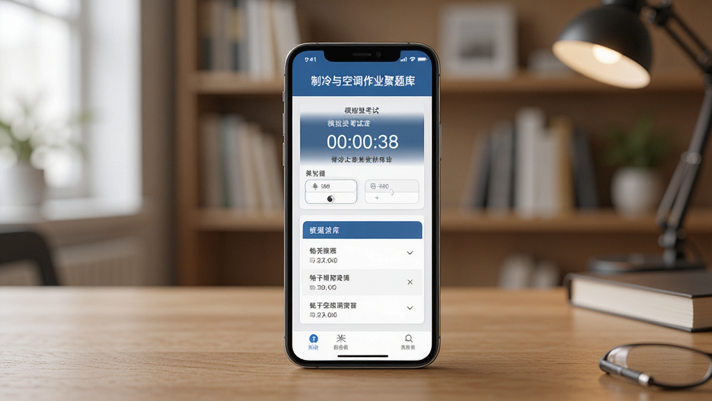 一张展示制冷与空调作业聚题库在手机上运行的实拍图,屏幕中显示模拟考试界面,有倒计时和答题卡,手机放置在木桌上,背景为室内书房,光线柔和,画质高清,干净无多余元素