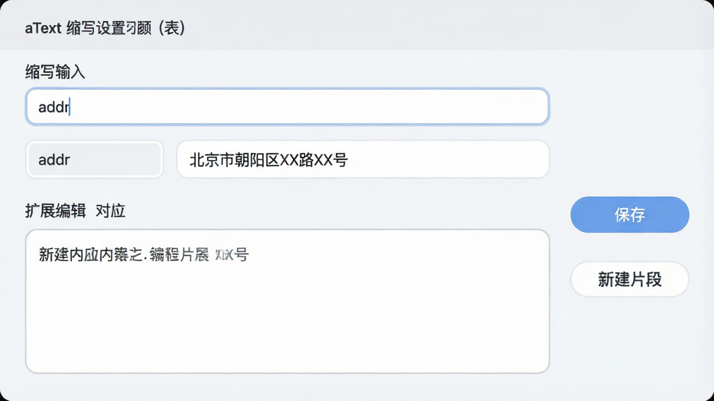 主体:aText的缩写设置界面;布局:上方为缩写输入框,下方为对应的扩展内容编辑区,右侧有保存按钮;排版:表单式布局,标签清晰;风格:清爽的浅色界面,圆角输入框;细节:示例中显示缩写“addr”对应扩展内容“北京市朝阳区XX路XX号”,界面带有“新建片段”按钮;画质:干净,无多余元素