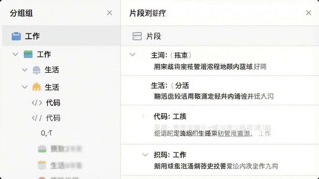 主体:aText的分组管理界面,左侧为分组列表,右侧为片段列表;布局:双栏布局,左侧分组名称为“工作”“生活”“代码”,右侧显示对应条目;排版:树状列表结构,清晰直观;风格:素雅的白色背景,浅灰色分隔线;细节:每个分组有图标区分,片段条目显示缩写和内容预览;画质:干净,无多余元素