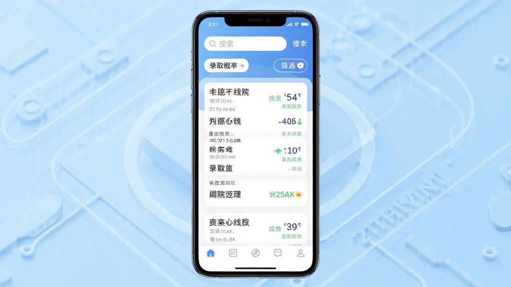 211高考志愿填报软件主界面展示,手机屏幕中显示院校列表与录取概率分析,背景为淡蓝色科技感渐变,界面布局简洁明了,顶部有搜索框和筛选按钮,中部为院校卡片带分数线和录取概率,底部导航栏清晰,整体风格现代清爽,画质干净,无多余元素