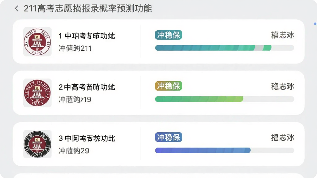 211高考志愿填报录取概率预测功能截图,页面显示多所大学列表,每所大学后面有冲稳保标签和彩色概率进度条,背景为浅灰色,数据卡片圆角设计,整体布局清晰直观,现代扁平化风格,画质干净,无多余元素